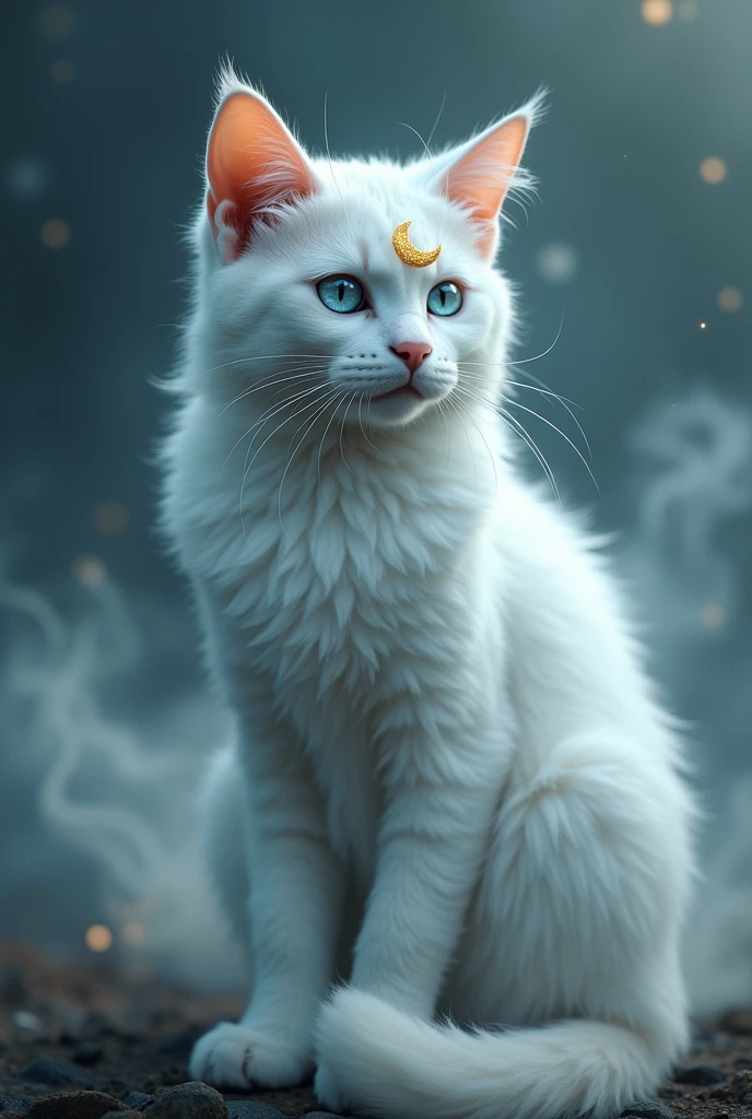 A white cat with a moon on her yellow forehead Guardian