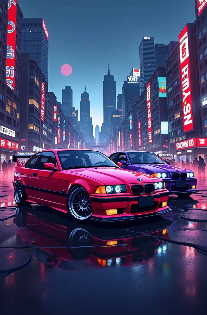 I want a logo for an Instagram profile picture of a car group called Most Wanted Team, com 2 bmw e36 m3, one red and the other purple, e uma bmw e46 m3 na cor preta, with the background of cars a big city