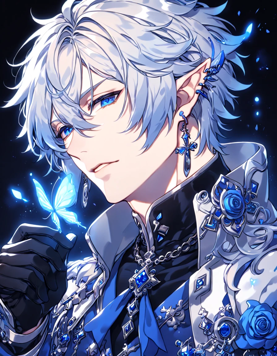 absurdres, highres, ultra detailed, HDR, master piece, best quality, extremely detailed, detailed face, Ciel, white hair, blue strand of hair in the left side of his hair, expressive blue eyes, slightly pointed ears, Elsword, cross earrings, solo, sexy man, handsome, manly man, dark blue coat with high collar, blue vest, black shirt, black gloves, blue cravat, magical, fantasy, under a blue tree, holding a white cross gun, blue lightning, blue flames, blue moon, blue fireflies, blue roses, blue butterflies, glass magic