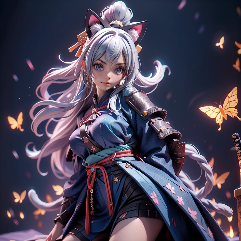 Moisturized Skin, (blue eyes), Realistic body, (Adult female body), Attractive breasts, ((Overlord color supremacy)), Energetic, 3DCG, front, Pink lipstick, (Silver Hair), ((Cat ear)), Beautiful Hair, Long Hair, ponytail, The color of the clothes is black, (((Samurai Armor: 1.3))), ((masterpiece + Highest quality + High resolution + Very detailedな)), (whole body: 1.2), Perfect fingers, Perfect limbs, Anatomically correct, Textured skin, Very detailed, Anime with sword and butterfly wings in the sky, Demon Slayer Louis Fan Art, She has a sword, Pulling out the sword, Ayaka Genshin Impact, 