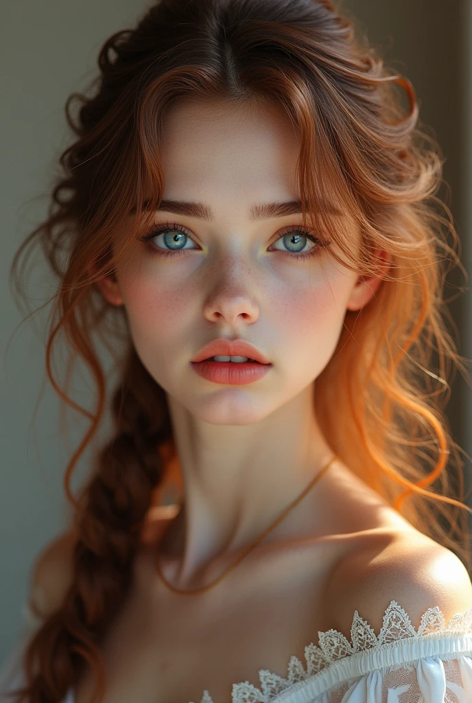 Beutiful girl blue eyes and snow brown red hai
