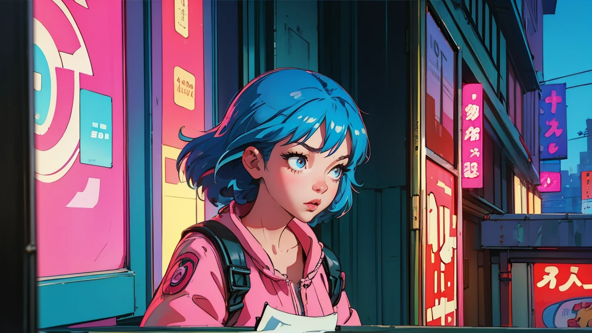 highest quality, masterpiece), 1 Girl, 1980s \(style\)Beautiful expression,Gazing at the audience,\(style\)Upper Body,,pin up , \(style\)Blue Hair,\(style\), citypop, lofi,\(style\),1980s fashion,,casual,1980s fashion, citypop,retro,\(style\)tokyo,Building district,Red and pink colored streetscape,neon,Night view,Electronic bulletin board