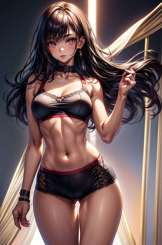 ((highest quality)),(ultra high resolution),(Super detailed), (best work of art), (ung girl:1.5), beautiful and well-shaped face:1.5,(Beautiful skin with precise and detailed depiction:1.6),(sports bra and waist band nylon shorts ),gorgeous, masterpiece, best quality, high-resolution, finely detailed, extremely detailed and beautiful, distinct-image, hourglass figure, 1 girl, 1 teen, solo, sharp facial features, oval shaped face. cherry red lips,. velvet-colored eyes, curvy wide hips, D-cup breasts, tall height(175cm), slim curves, toned body, waist length ink-black dark violet hair, small narrow waist, long and slender legs, lightly tanned white skin