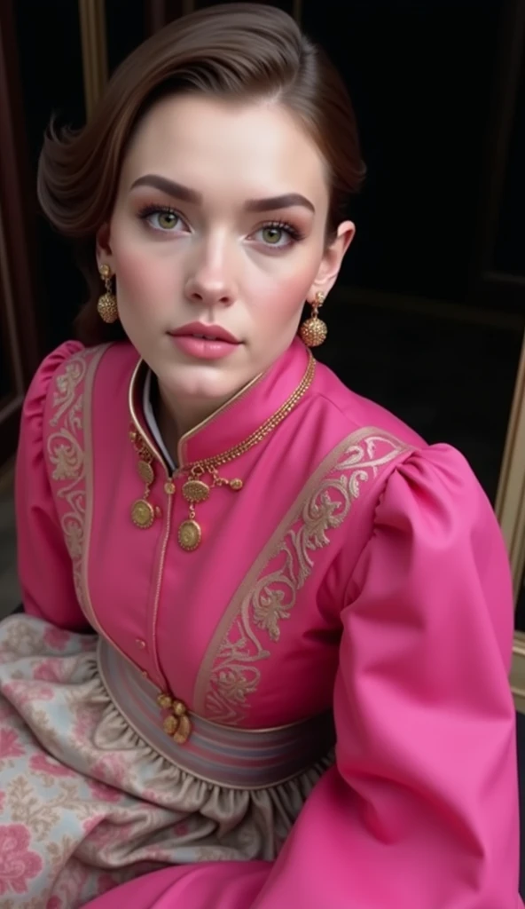 a beautiful young woman, detailed intricate portrait, long flowing hair, expressive eyes, delicate facial features, elegant posture, intricate ornate dress, ornate gold jewelry, ornate background, dramatic lighting, cinematic composition, vibrant colors, photorealistic, highly detailed