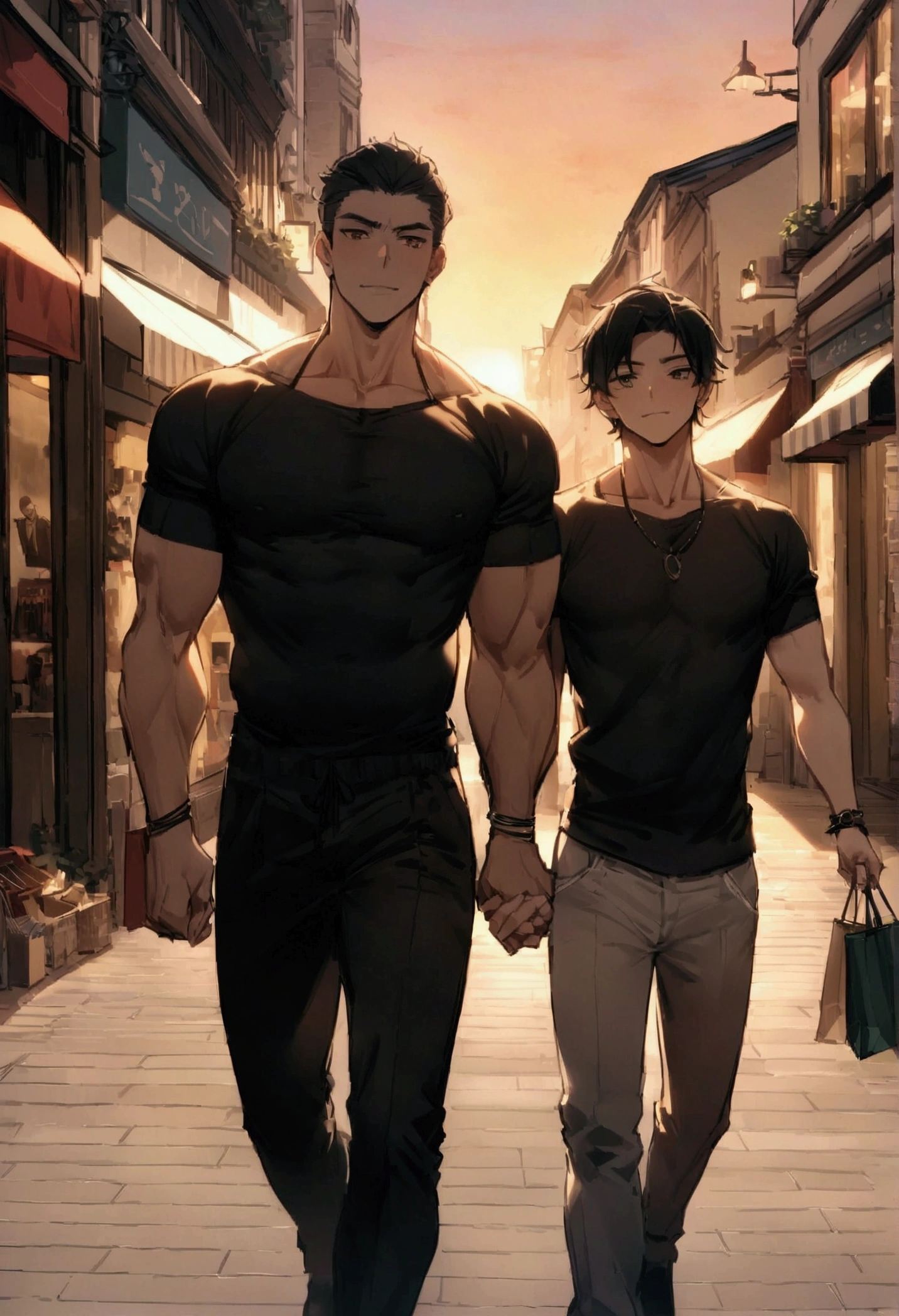 Highest quality、masterpiece、(2人のmale:1.5)、左側にタンクトップを着た黒髪でマッチョなmale、右側に服を着た白髪で筋肉質な若いmale、Adjacent in the center of the screen、Holding hands、I'm shopping、Shopping Street、sunset、male、manly、Gay