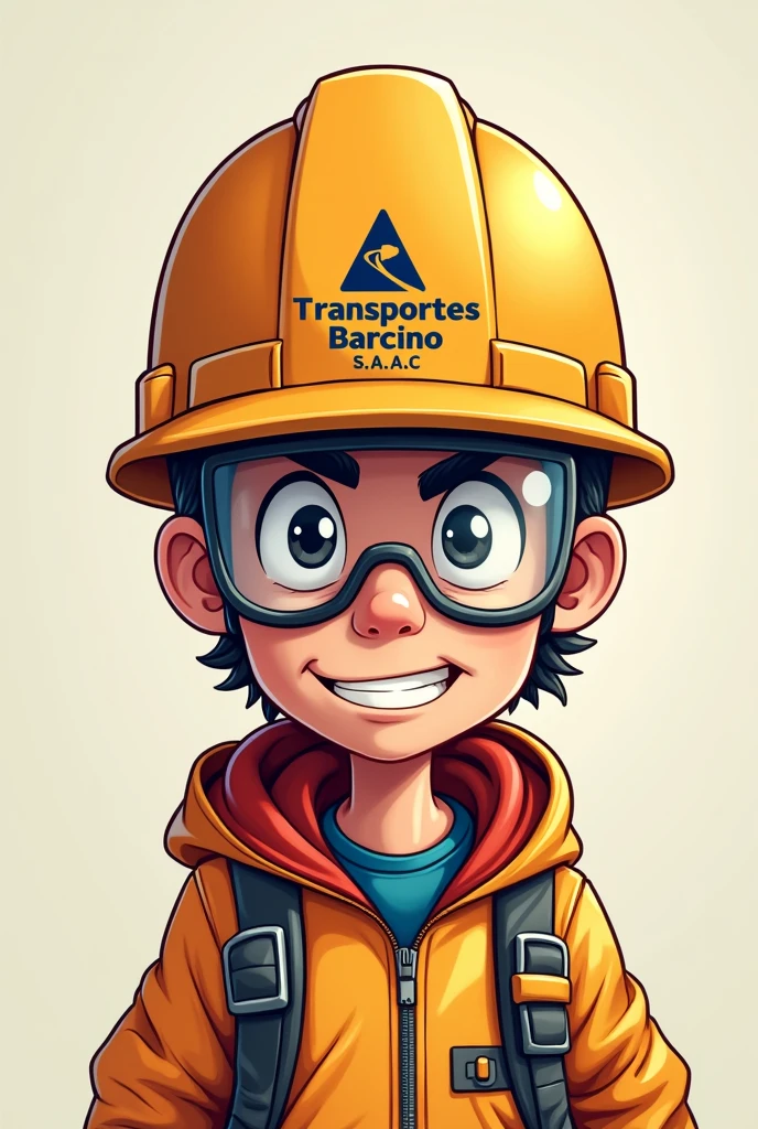 Cartoon drawing of a worker wearing personal protective equipment with a helmet, vest, glasses and gloves. En el casco deberá ir el logo de la empresa TRANSPORTES BARcINO S.A.c.