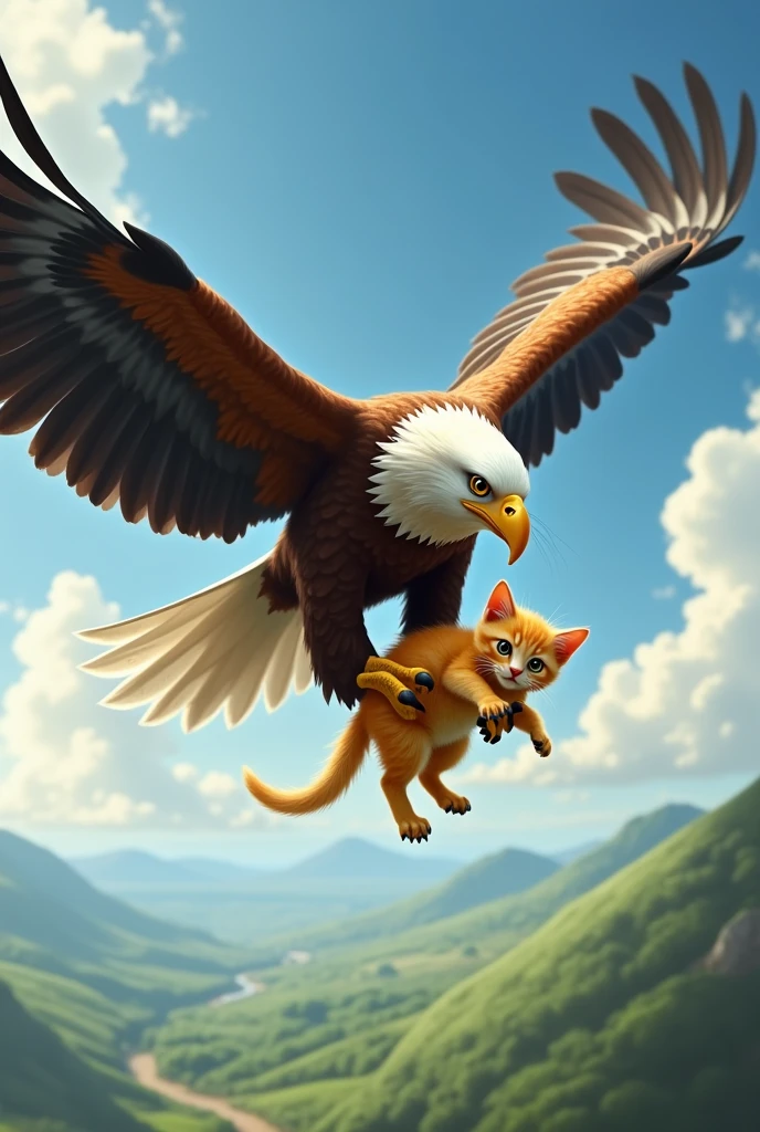 Make that same eagle fly about to take the yellow kitten in its claws