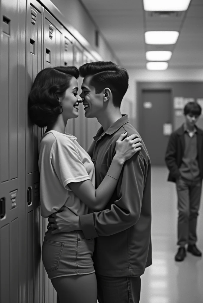 Vintage black and white image of a happy teenage couple at school and a jealous boy in the distance 