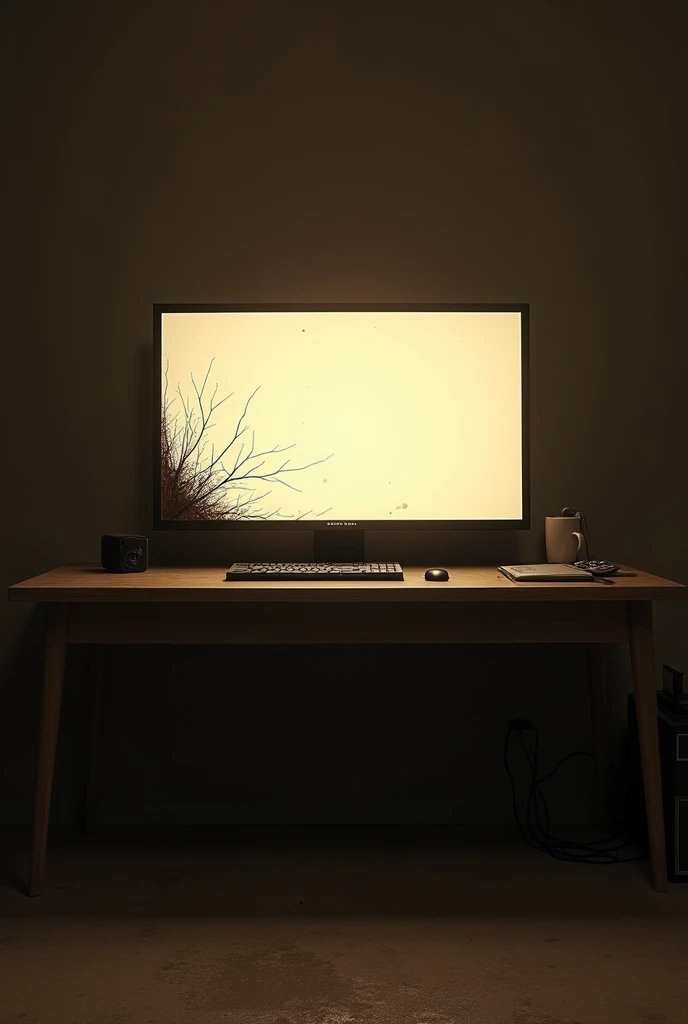 Crea una imagen de un escritorio con a TV pantalla plana rota, that the environment has a minimalist touch and that it is at night, with a sepia filter, a TV, not a computer, and it is huge