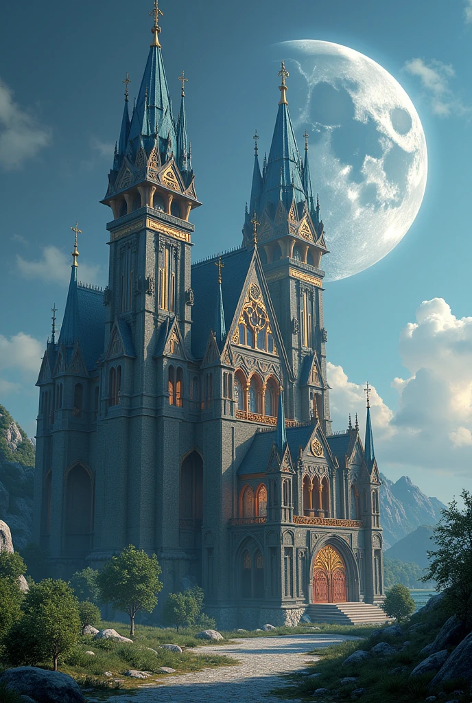 Create a mystical and fantastic castle in 3D .
With symbols and astrological meanings of the planet moon With two equal tallest towers main