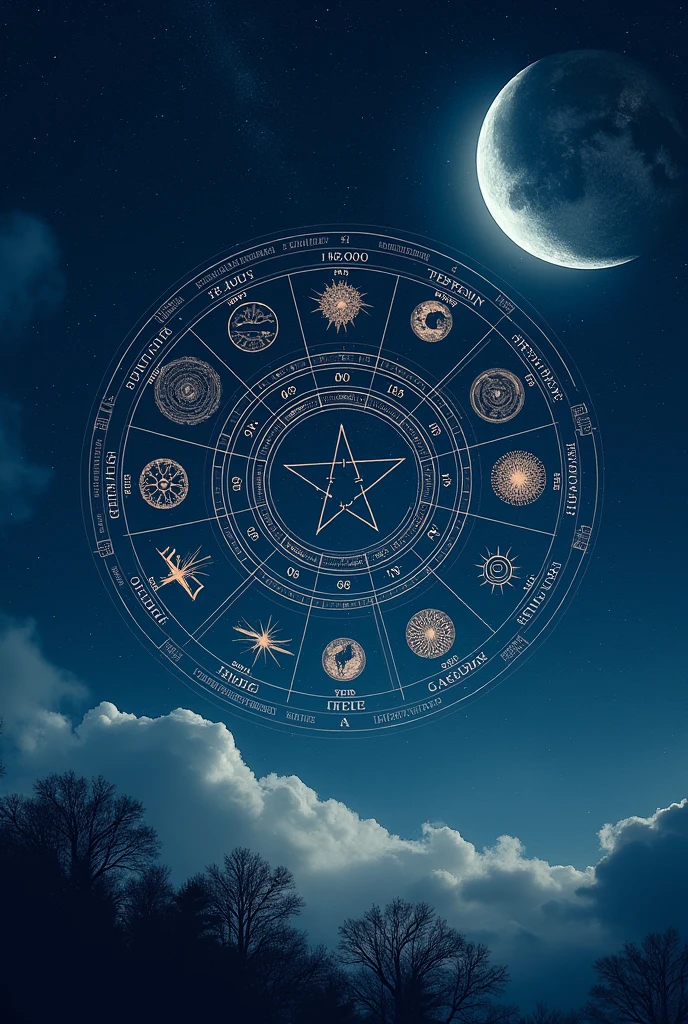 Imagine a starry night sky with a large celestial calendar. Each day of the calendar is marked with mystical symbols and numbers, representing the events and predictions we discussed. The calendar is illuminated by a soft light, emitted by a crescent moon shining in the background. The stars around the calendar are visible, reflecting the energy and mysteries of the days mentioned. Each date has symbols representing recommended actions and what to avoid., creating a visual connection to the spirituality and predictions discussed.