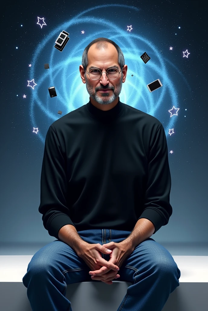 A digitally rendered portrait of Steve Jobs, capturing the essence of his visionary nature. He is seen wearing his iconic black turtleneck and blue jeans., sitting on a minimalist platform. Behind him, a timeline of Apple's evolution unfolds, with multiple devices like iPod, iPhone, and a MacBook. An aura of brightness surrounds him, with stars and spiral patterns symbolizing their creative and revolutionary impact. The image is sharp and clear, celebrating the legacy of Steve Jobs and his lasting contribution to technological advancement.