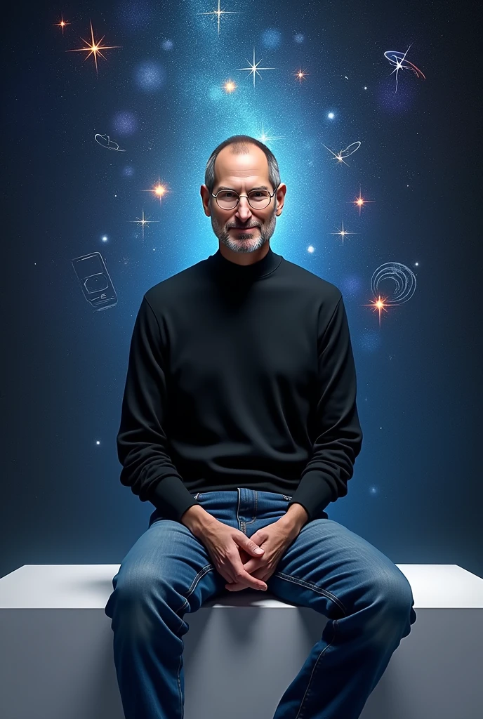 A digitally rendered portrait of Steve Jobs, capturing the essence of his visionary nature. He is seen wearing his iconic black turtleneck and blue jeans., sitting on a minimalist platform. Behind him, a timeline of Apple's evolution unfolds, with multiple devices like iPod, iPhone, and a MacBook. An aura of brightness surrounds him, with stars and spiral patterns symbolizing their creative and revolutionary impact. The image is sharp and clear, celebrating the legacy of Steve Jobs and his lasting contribution to technological advancement.