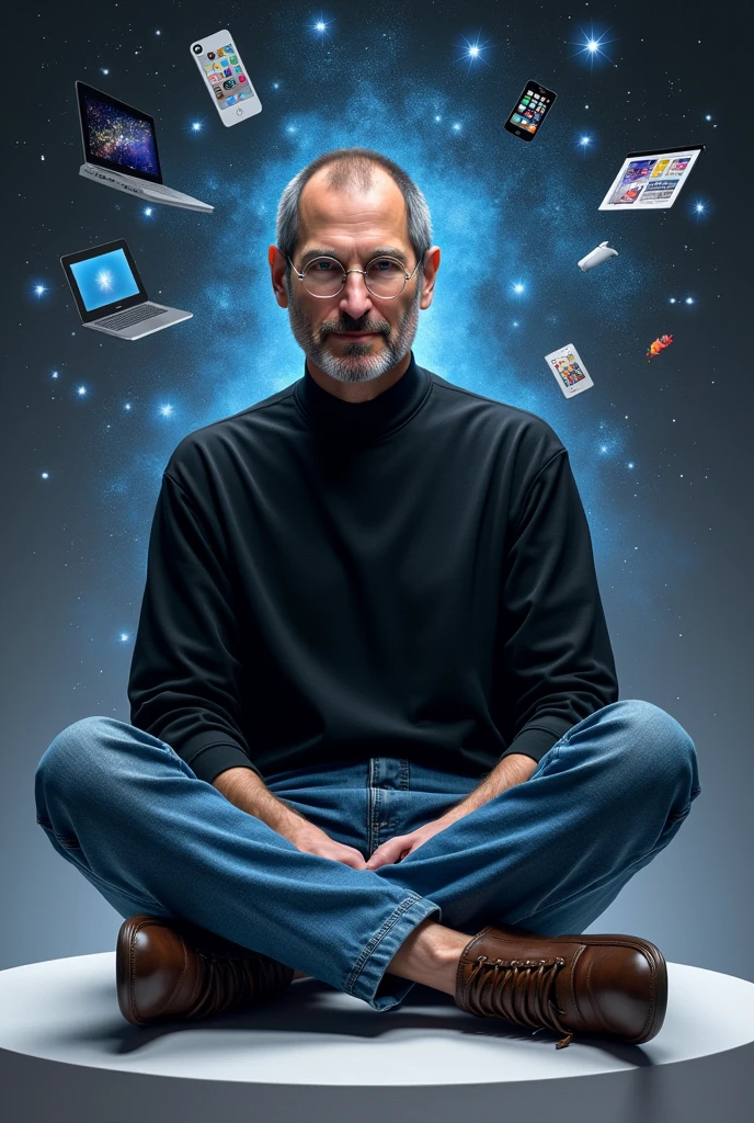 A digitally rendered portrait of Steve Jobs, capturing the essence of his visionary nature. He is seen wearing his iconic black turtleneck and blue jeans., sitting on a minimalist platform. Behind him, a timeline of Apple&#39;s evolution unfolds, with multiple devices like iPod, iPhone, and a MacBook. An aura of brightness surrounds him, with stars and spiral patterns symbolizing their creative and revolutionary impact. The image is sharp and clear, celebrating the legacy of Steve Jobs and his lasting contribution to technological advancement.