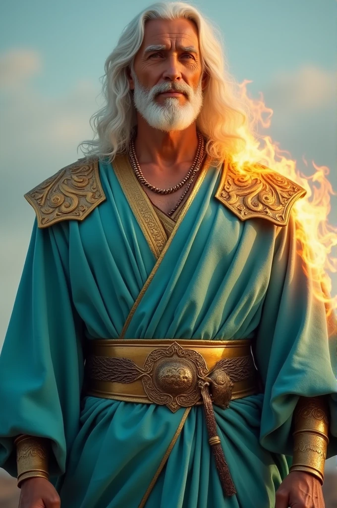 A man dressed in a turquoise linen tunic,
Girding his shoulders with gold ,
arms, hands and feet of bronze,
long white hair,
Add fire flames to the eyes,
with sky background ,
jesus,
Face with light , illuminated bronze-colored Mao