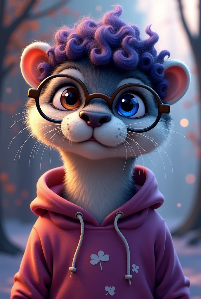 Male otter, curly black and purple hair, wearing glasses and a sweatshirt, heterochromia 