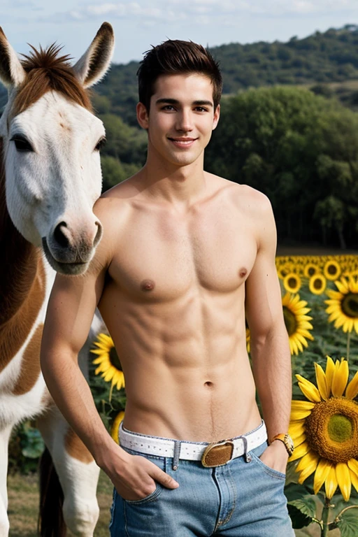 Young handsome cute beautiful skinny white face without shirt con un jirasol en un campo de girasol cowboy alado un burro con su cueda