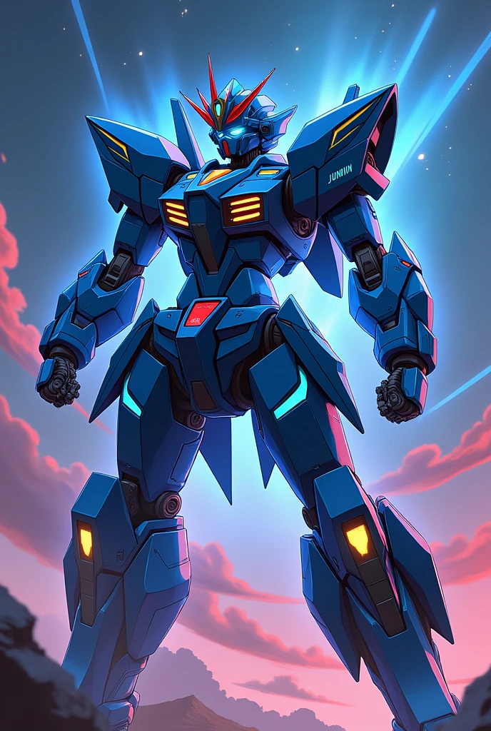 Dark Navy Blue, Navy, Fluorescent Cyan, anime, Giant Robot, Uplifting,Junmin, Full body image of a female super robot fighting, , Simple Background,universe, 