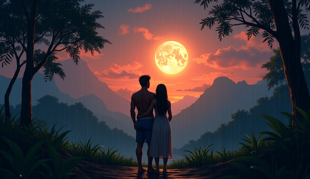 1500 Amazon Brazilian Indianadmiring the moonlight; sunset, hugging your partner; rain falling