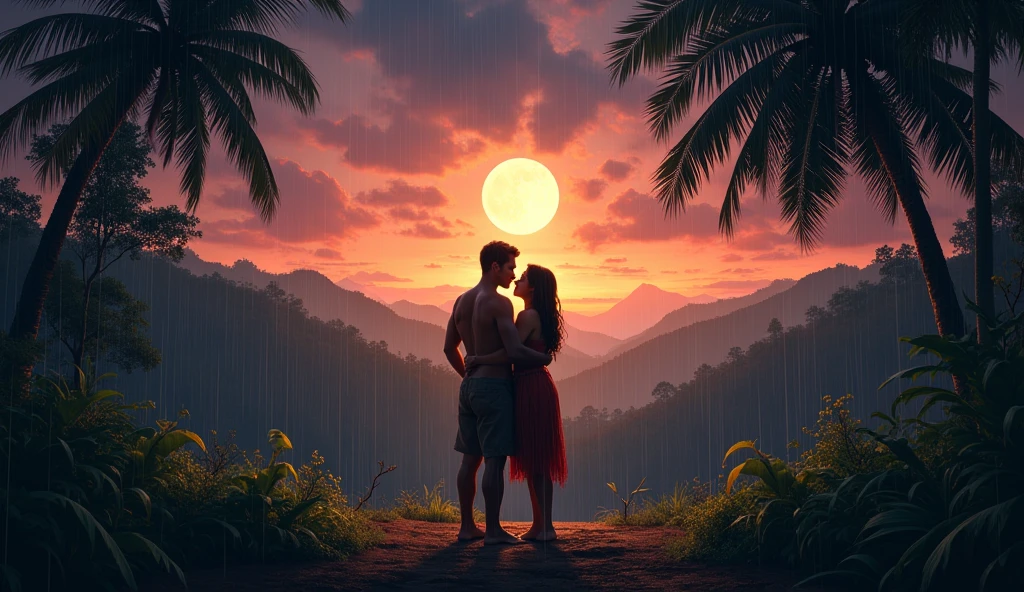 1500 Amazon Brazilian Indianadmiring the moonlight; sunset, hugging your partner; rain falling