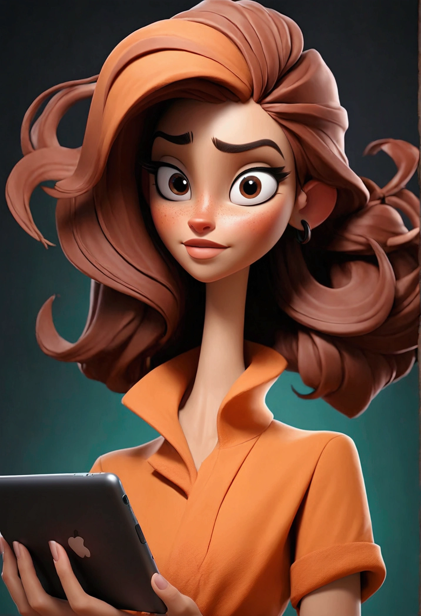Create an image of a 3 woman, with brown hair tied up and a smaller neck. She should be wearing an orange and black t-shirt and clicking on a tablet screen., which should be closer to her face. The woman must be looking at the tablet as if she is working, conveying a sense of sympathy, Charismatic, powerful, Confidence and style. The image will be used on an Instagram profile for promotions, so it is important that it represents a promoter that works with offers and promotions. She should have a friendly and smiling expression., and the background should be simple or a work scene that matches the profile.