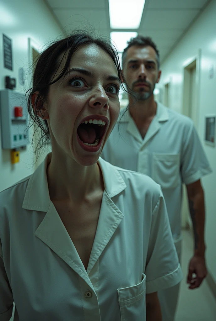 Woman with a crazy face next to a sane man, inside a neuropsychiatric hospital