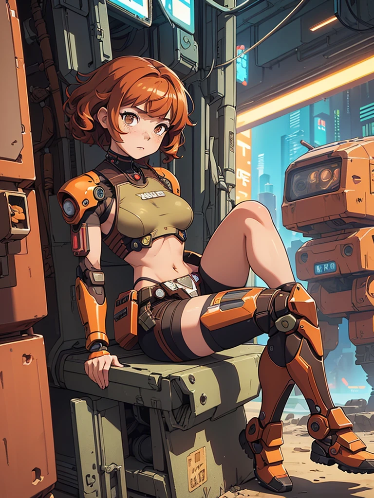 (masterpiece), (best quality), ((one girl)), red copper hair,(brown eyes),short hair, curly hair, anime style, freckles, (small breast), (petite figure),knee pads, legs, (desert background)), ((cyberpunk mecha outfit)) (almond eyes) ,( tan skin)