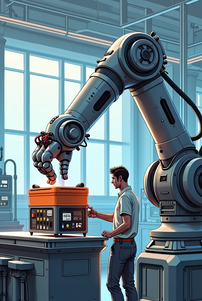 (((best quality))),(((Extremely detailed))),(((masterpiece))),illustration,Robotic Arm,Robotic Arm抓取电池包,accurate,旁边占一个工作人员看着Robotic Arm工作