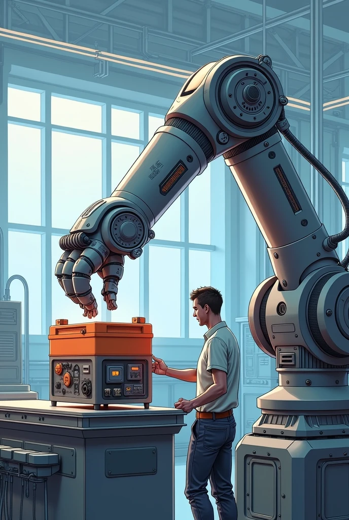 (((best quality))),(((Extremely detailed))),(((masterpiece))),illustration,Robotic Arm,Robotic Arm抓取电池包,accurate,旁边占一个工作人员看着Robotic Arm工作