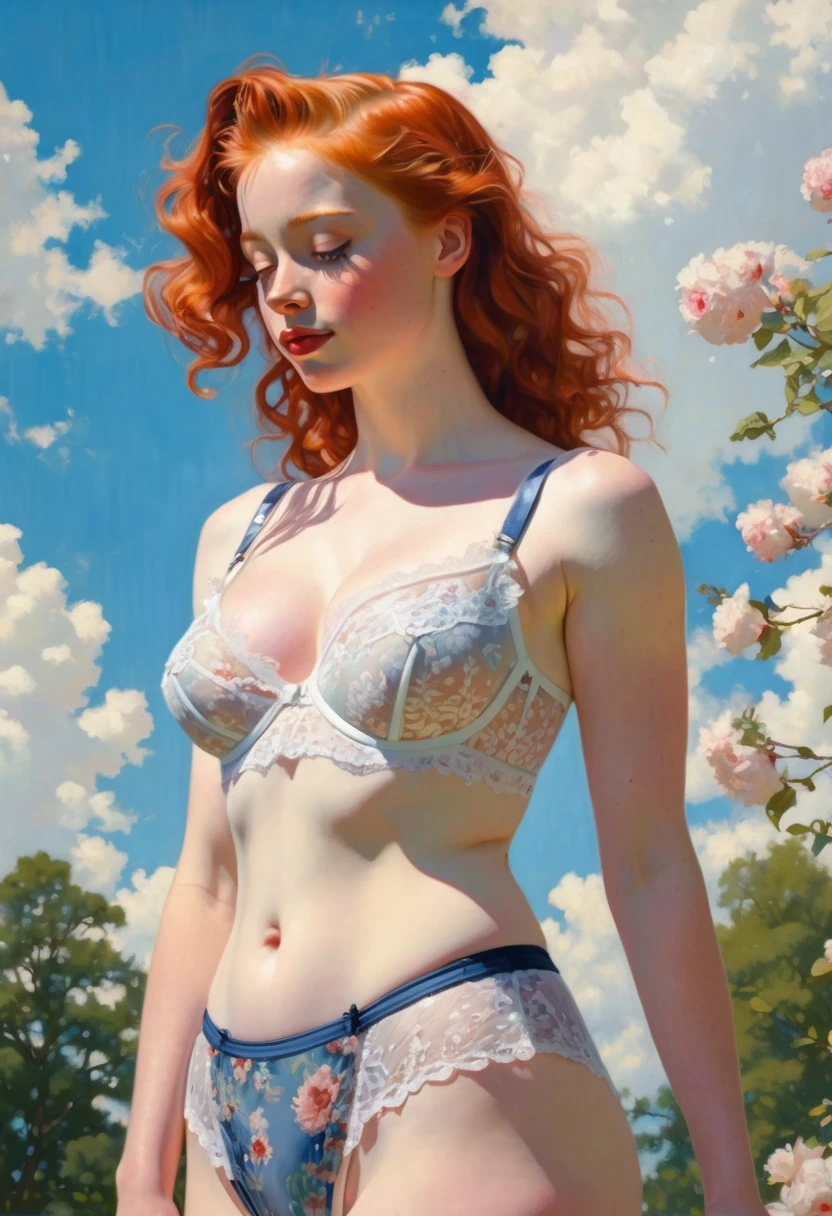 painting of a pale-skinned muscular huge-breasted redhead 1 girl in the style of norman rockwell, standing shyly in a sunlit park, wearing lacy lingerie, vibrant flowers surrounding her, a gentle breeze tousling her hair, an embarrassed expression on her face, detailed background with a blue sky and fluffy clouds, warm color palette