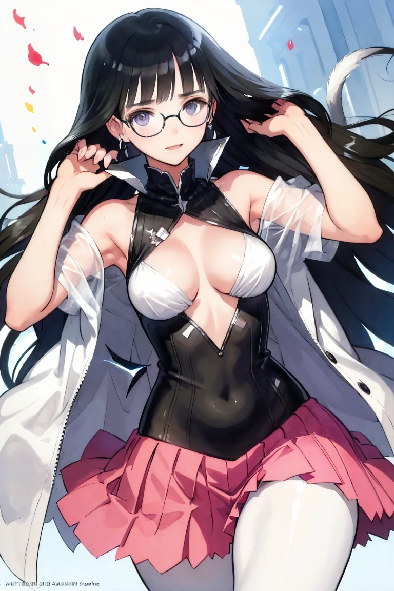 a cat woman with freckles, dark brown eyes, and an upturned nose, she is happy and smiling, she has long wavy hair, black hair, wearing aviator sunglasses with clear lenses in a soft watercolor style. The girl's clothes must be in pink, purple, and blue in celebration of the bisexual, with stains of ink and watercolor mixing and filling the scene. There should be a subtle, nuanced change in colors using the impasto technique with gouache paint. There should be a light rain in the watercolor painting with a little watercolor paper texture and a pastel background.