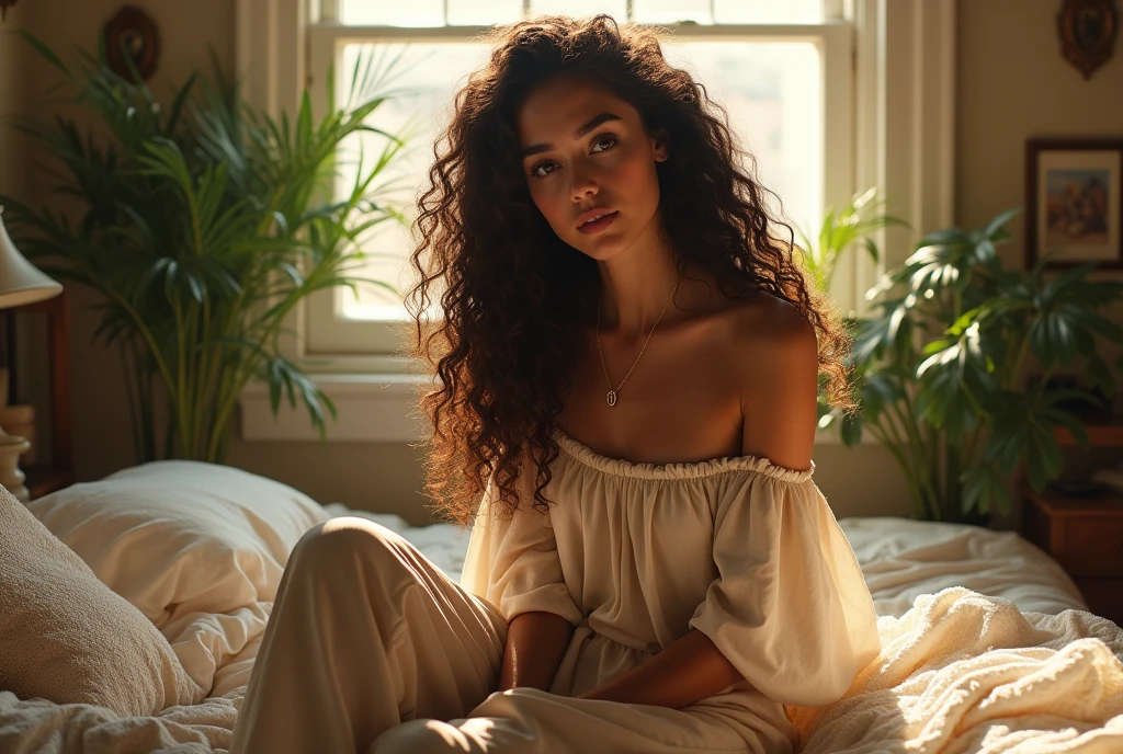 (photorealism:1.2), beautiful woman, sitting on bed, wearing loose off-shoulder top, pajama pants, long curly hair, indoors, soft lighting, plants in background, window with sunlight, cozy room, relaxed pose, realistic, intricate details, warm colors, by Greg Rutkowski, by Alphonse Mucha