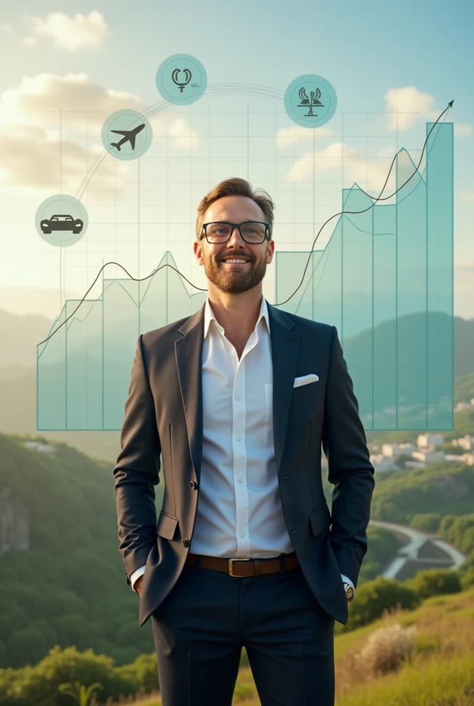 An image of a person with a positive financial chart in front of them, surrounded by icons representing travel, badass clothing, restaurants and cars. Ao fundo, a serene landscape that symbolizes financial stability and success.