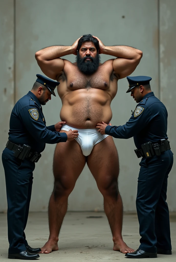 Very large Puerto Rican man, stark, hairy and bearded, in white underwear, with the legs well apart from each other, with hands raised behind head, having his underwear searched by two police officers who take something out of his underwear.