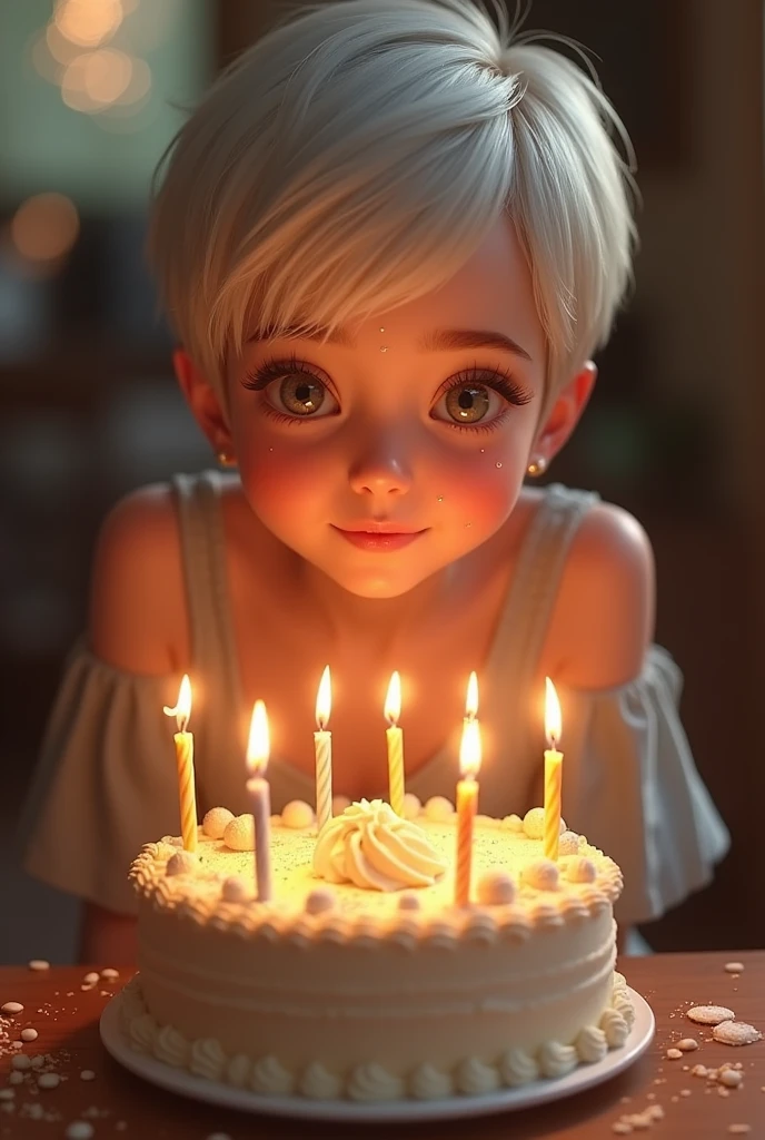 White skin girl short Pixie hair with platinum highlights.brown eyes blowing out the candles on his birthday cake