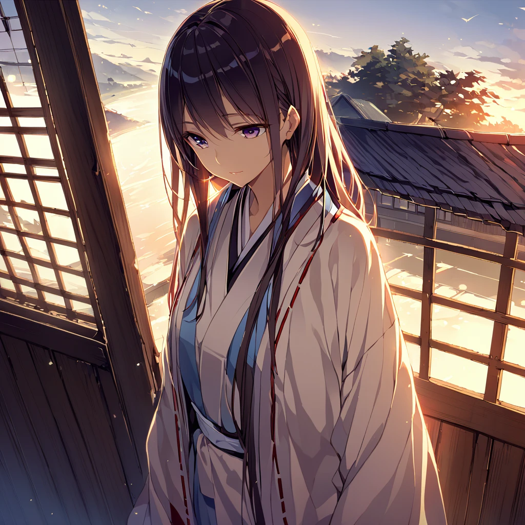 Young woman wearing Japanese clothing、early morning&#39;Atmosphere。長いblack髪にpurpleがかった色味、Tie a section loosely、残りteeth肩に流れ落ちる。Looking over the right shoulder、Only the left eye is visible in profile。Smooth skin like white porcelain、length, Narrow eyes、Small lips。A fleeting and mysterious atmosphere、Feeling a little depressed。Beautiful white kimono with floral pattern。blackい帯と襟、帯teeth大きな蝶結びで背中で結ばれている。着物にteethred、purple、pink、Delicately painted white floral pattern、Expressing with Gradient。length, Drag the hem、Detailed texture and wrinkles.。透け感のあるblackい羽織を肩にかけている。White flower hair ornament、桜やplumの花をイメージ。circular composition、Place it against the background of a full moon。背景teethdark blueから白へのグラデーション、The impression of the night sky turning into morning。Silhouettes of flowers and plants are scattered throughout the background.、Expressing the appearance of dancing in the wind。Put a dark color on the left、Put a lighter color on the right、Represents the balance of yin and yang。Mainly white、black、dark blue、red、purpleのコントラスト。着物の花柄に使用される色teeth、淡い色から濃い色までExpressing with Gradient。背景の花のシルエットteeth白や薄い青で表現し、Create a great atmosphere。Based on Japanese anime and manga style illustrations、A fusion of delicate line drawings and watercolor-like gradations。Detailed depiction of petals and leaves、特に着物の模様teeth極めて精緻。キャラクターの輪郭線teeth細く、Blur the boundary between the subject and the background。Expressing the movement of petals dancing in the wind、Pay special attention to how the pieces are scattered around the outside of the circle..。Adding effects to character facial expressions&#39;overview blends into the background、Especially the hair and the hem of the kimono..。Soft light created by moonlight、Give your character a soft light effect&#39;overview。A fusion of Japanese fantasy and modern illustration techniques。Mysterious and ephemeral atmosphere、A majestic contrast of power。Before Dawn、Darkness and light、Expressing the duality of strength and elegance。季節感としてteeth春の終わりから初夏を想起させる。Vary line thickness and shading、For a sharp finish。Kimono pattern and background flowers々々teeth、Create subtle details with the Brush tool。Adjust the contrast between the character and the background、Highlight the main character。Unify the overall color scheme、Create a harmonious look。着物の裾からredい花びらが散り、Spread it on the ground。背景の植物teeth桜、plum、Focus on wisteria flowers、Representing seasonal changes。キャラクターの立ち姿teeth凛として美しく、the spine is straight。The moonlight reflects off the fabric of the kimono、Creates a subtle sheen。