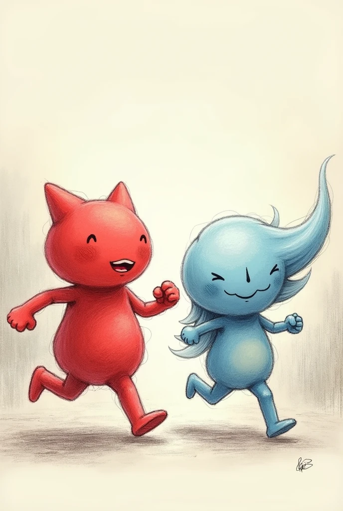 draw in pencil and create two cute characters for children, they must be formless non-human beings . Strength and Movement they are friend adventurers. Strength robust red and Movement light blue, these on a fantastic land of Energyland, where the laws of physics came to life, it must be cute for kids with running poses