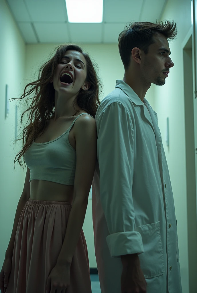 Woman with a crazy face next to a sane man,  inside a neuropsychiatric hospital 