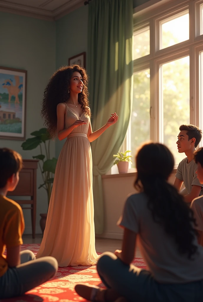 There were some young students sitting on the floor of a room, standing, facing them, they heard a brunette woman, with long curly hair, speak with authority and delicacy, This woman was wearing a beautiful long dress, Near one of the windows, on the right side of the woman there was a man leaning against the window.