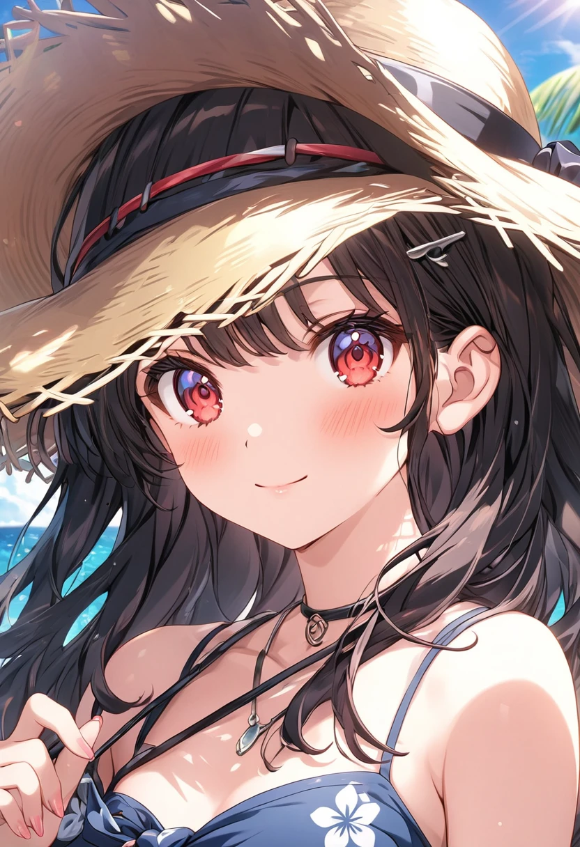 (masterpiece, best quality), ultra detailed, very aesthetic, absurdres, extremely detailed CG unity 8k wallpaper, super fine illustration, transparent illustration, (detailed_face:1.2), BREAK 1girl, long black hair wearing a straw hat, (sarong pass), small breasts, (glamorous expression), red eyes, anime style 8k, beautiful anime portrait, anime moe art style, anime art wallpaper 8k, High quality anime art style, anime style portrait, be familiar with digital anime art, anime art wallpaper 8k, cute anime girl portrait, Hawaii background, blue sea, palm trees, sunlight, full body, BREAK depth of field, perfect hands, nice fingers, 5_finger, 4_finger,1_thumb,