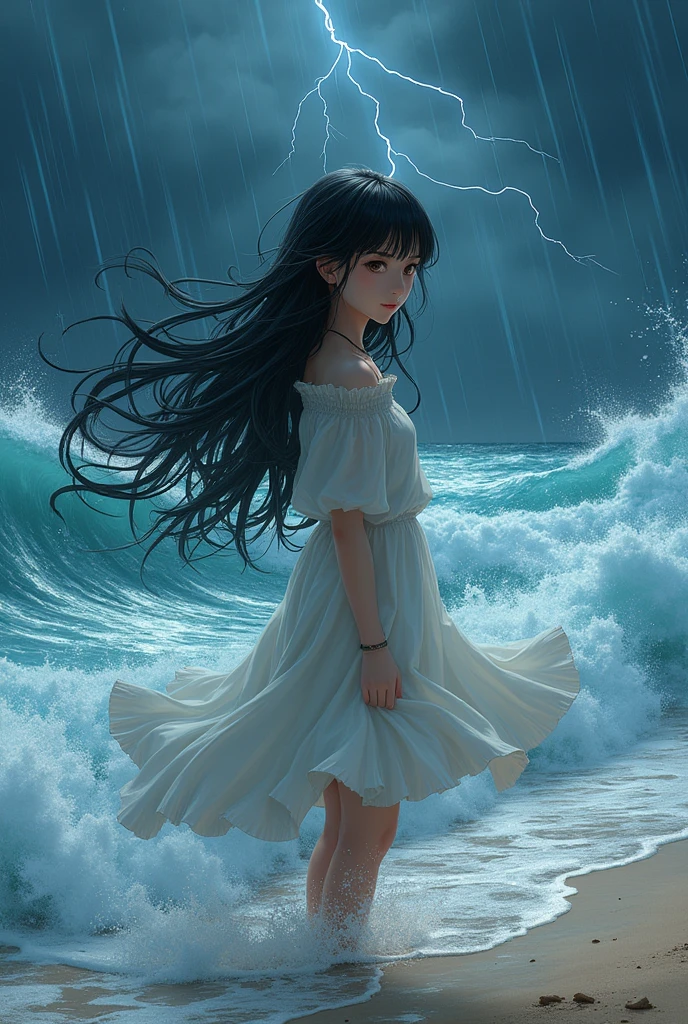 Woman with long black hair and bangs, brown in color with small chest, on the beach in the middle of a storm of lightning and rain anime webtoon