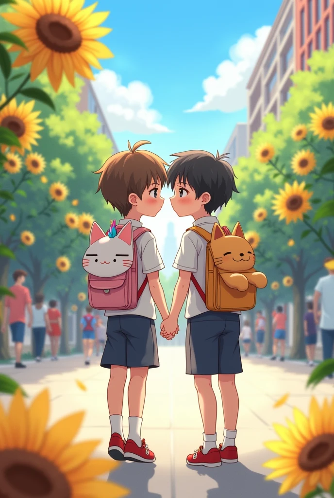 A cute image of two boys, they are holding hands and wearing girls' uniforms. They are both kissing and they are wearing backpacks, one is a very cute unicorn and the other is a very cute kitten. They are in the city going to school and there are some sunflowers near them. The image has to be in anime.