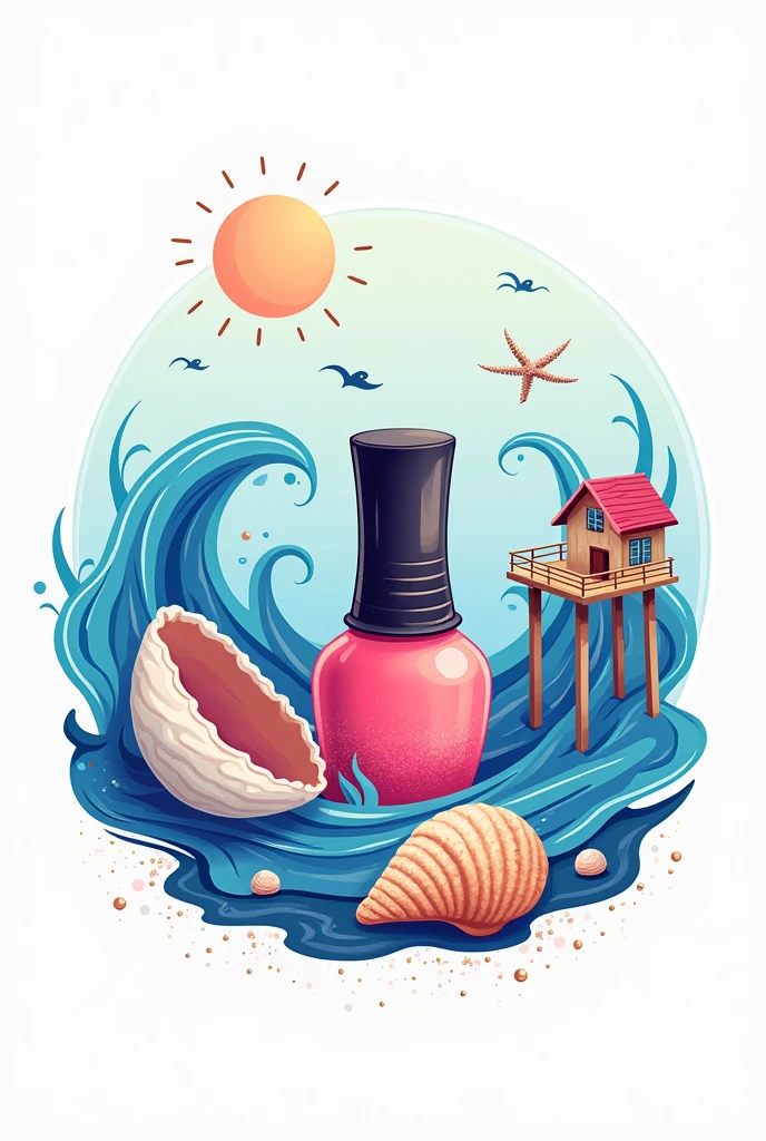 Logo onglerie 
Avec une bouteille de vernis des vagues un coquillage une cabane tchanquee et des paillettes 
