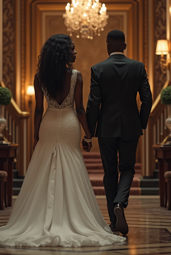 Generate an image of a black African groom walking away from his black curvy bride in a nice interior. The groom should be way fae from the bride