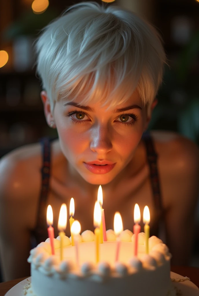 White skin girl short Pixie hair with platinum highlights.brown eyes blowing out the candles on his 42nd birthday cake