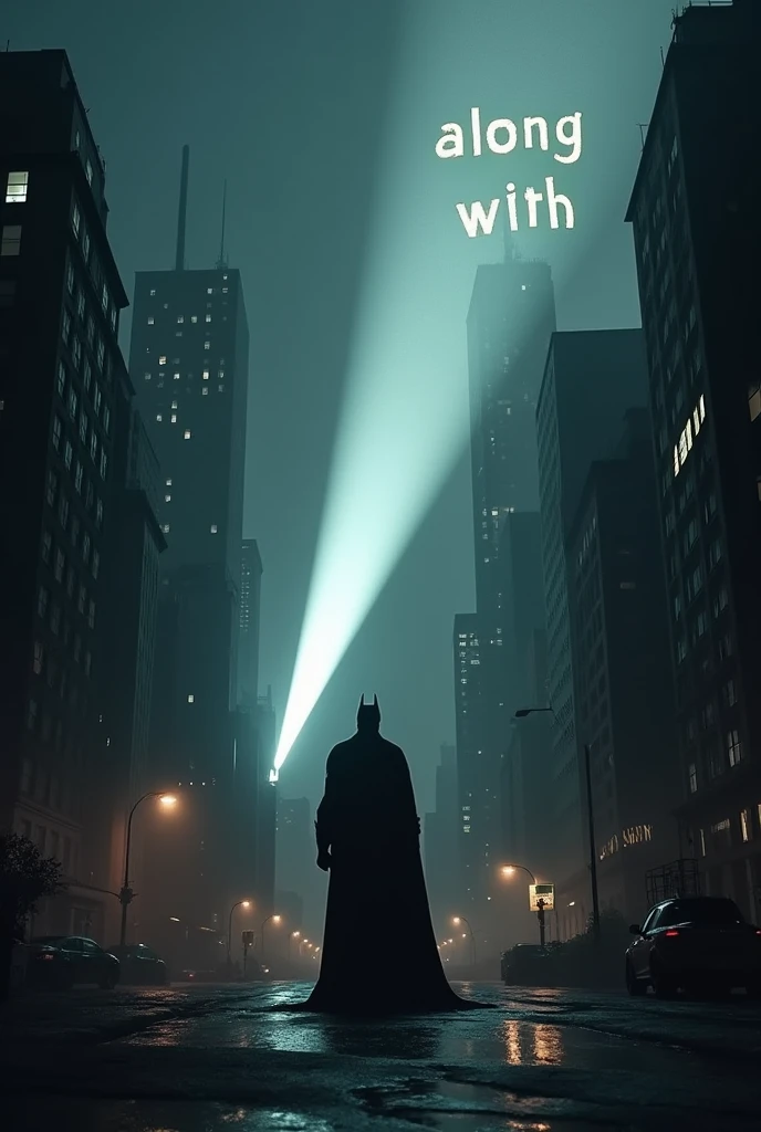 Gotham type city with a Batman style light signal but that says...along with