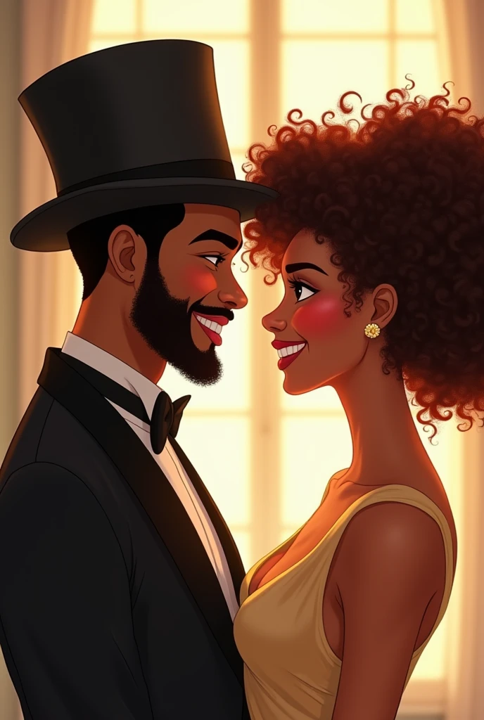 An illustration of an adorable couple, Spotlight on a black man with a beard in a top hat and black outfit, e uma mulher cabelo cacheado com lindos olhos expressivos e roupa elegante, The man's skin is mulatto ,The woman's skin is caramel tone, Woman's hair is curly with highlights. They are a bright room, cada um com um sorriso no rosto, e compartilhar um momento especial caracterizado pelo amor, Insights. Illustrate this scene from a perspective where they are facing the camera, Smiling and Showing Your Connection. Desenvolva esta arte em Full HD, Focus on your cinematic touch, Estilo Disney Pixar Animations