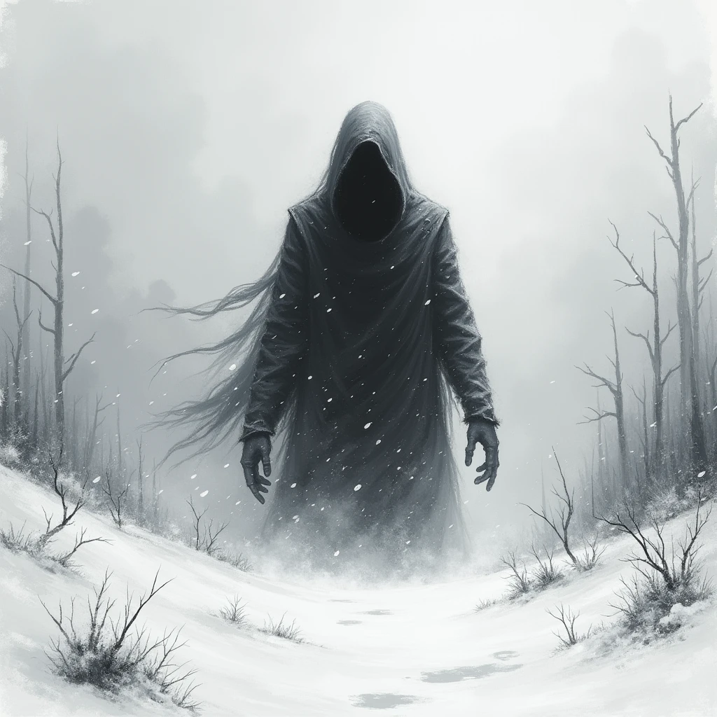 "(Horrifying painting of a:1.3)From(sketch:1.3)、(gloomy:1.3)Snow Apocalypse、Black & White Style。"