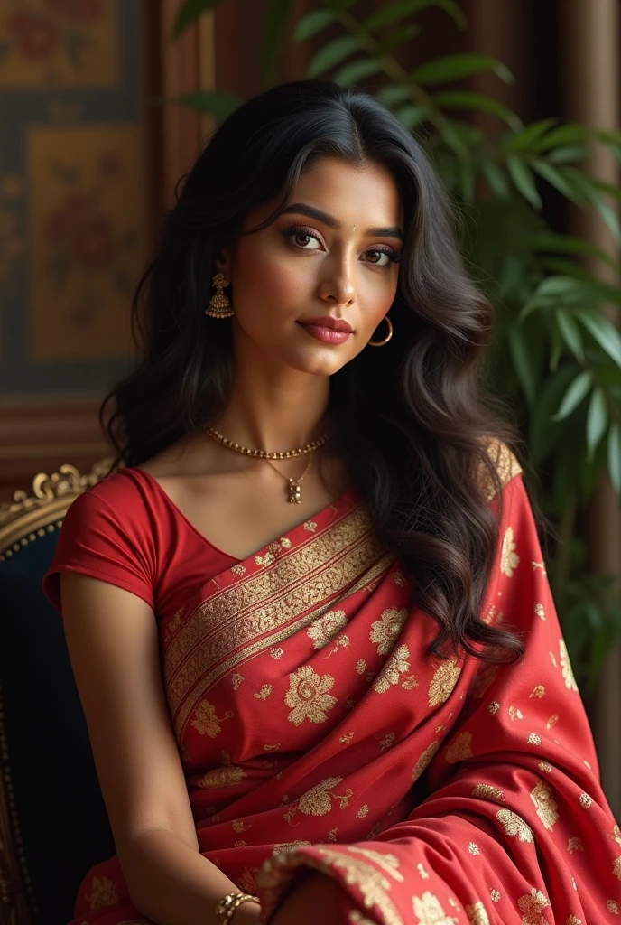 Beautiful indian Academic regalia educated wealthy good woman posing, straight photoshoot pose, detailed face, cute, big eyes, iconic, photorealistic, detailed background,hot out big breasts, with full thin saree, long wavy hair, cleavage, symmetric face, masterpiece, 8k, ultra realistic is in chair