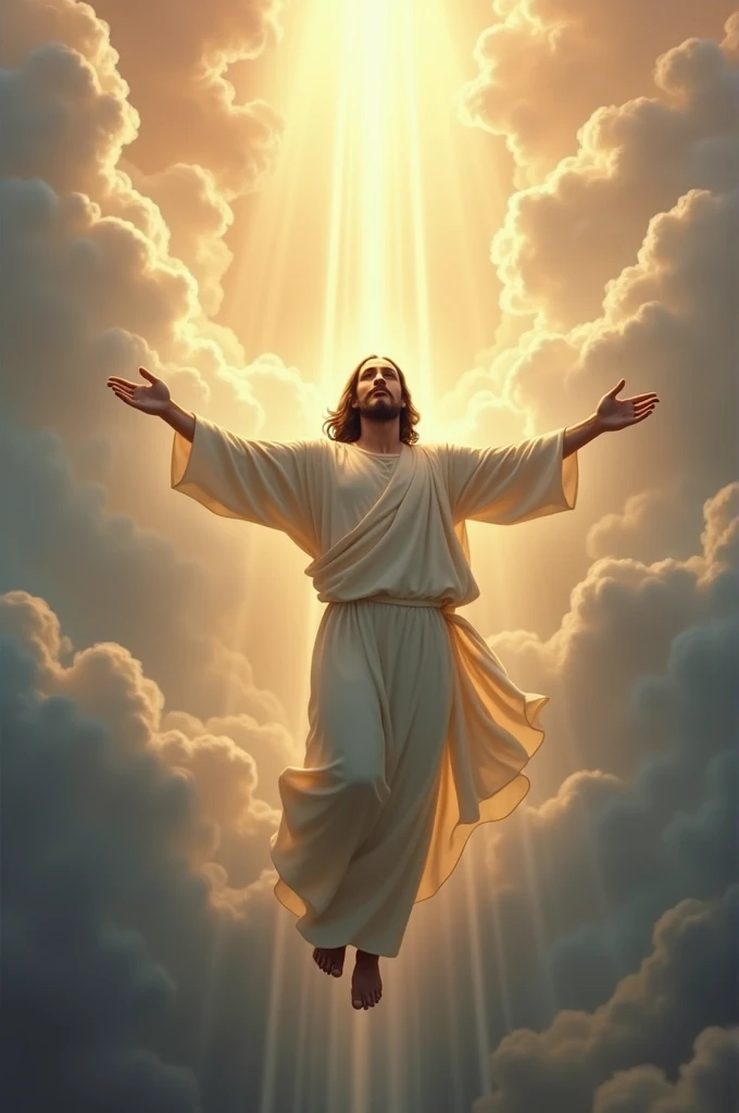 Jesus with open arms and descending from heaven